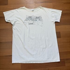 Women's Vintage 90's Blue Eyed Cats Kittens Art White Long Sleep Shirt Sz OSFA
